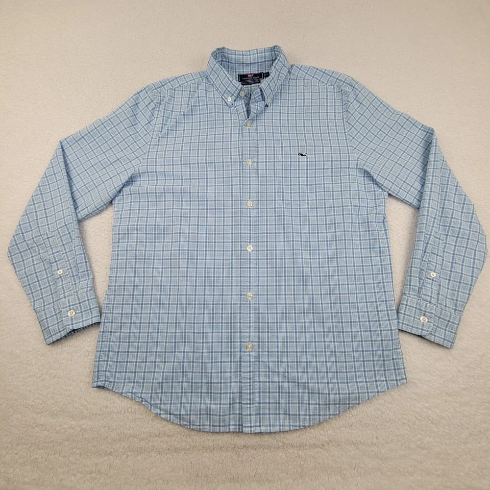 Vineyard Vines Slim Fit Tucker Shirt Mens Large L Slim Fit Blue White Plaid Cott - Picture 2 of 7